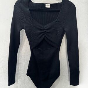 Abercrombie & Fitch Black Ribbed Twist-Front Long Sleeve Bodysuit